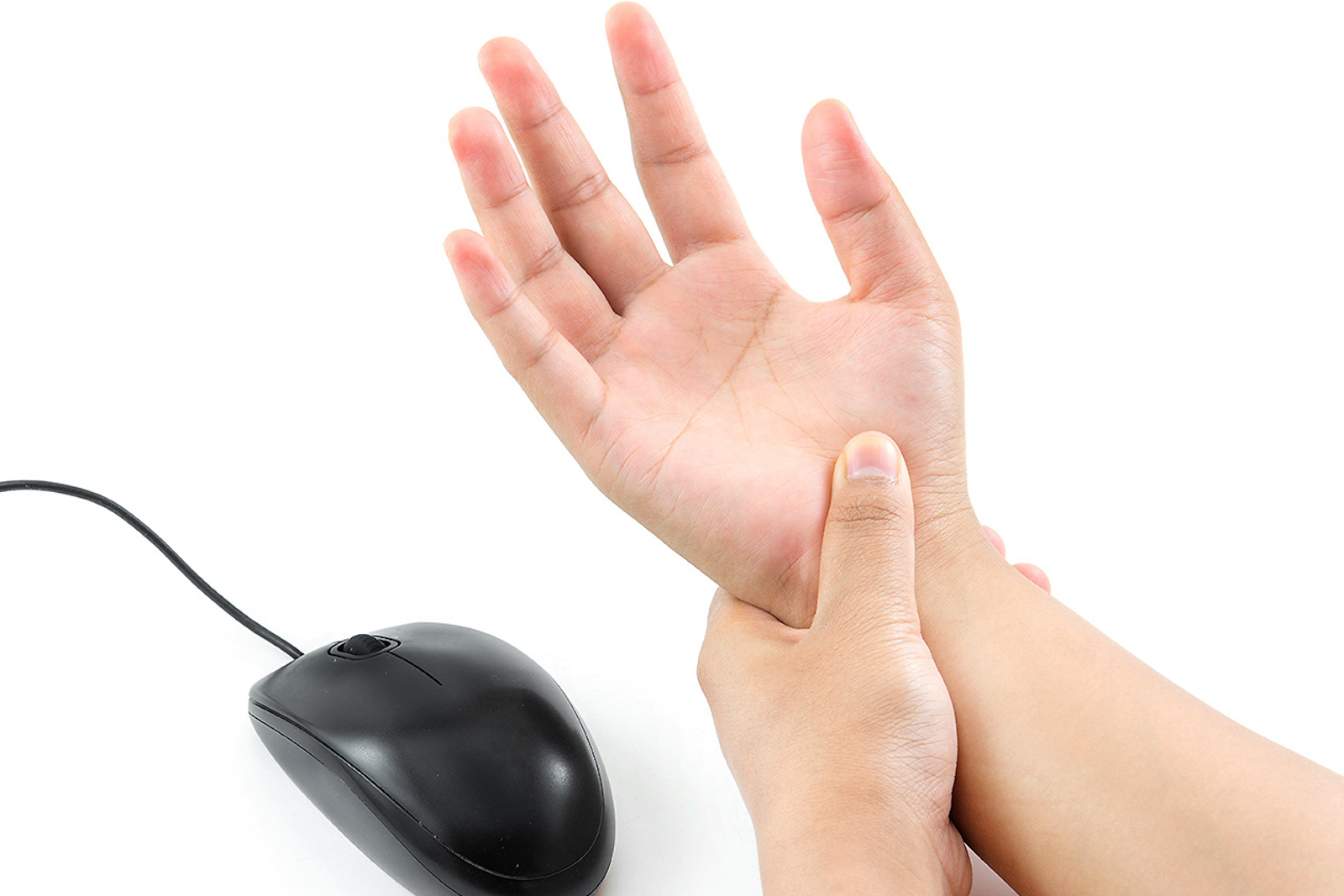 women hand pain from mouse isolate on white